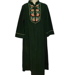 Vintage Sears At Home Wear 1/2 Zip Robe Fleece Green Size M Floral Embroidered
